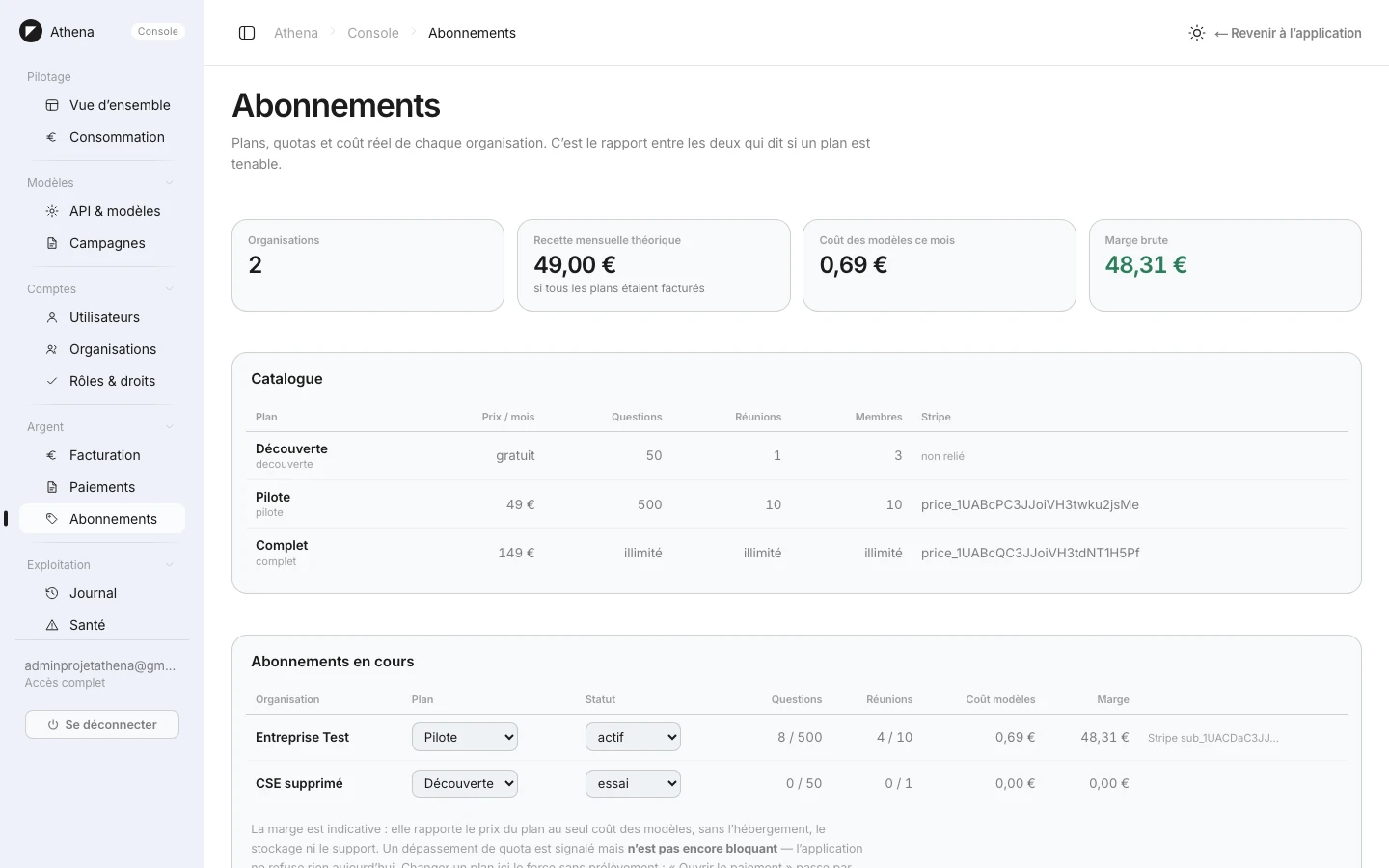Athena — SaaS d'assistance juridique et comptable CSE — Console abonnements
