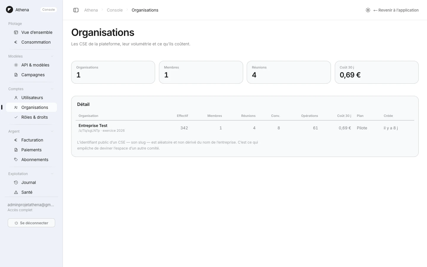 Athena — SaaS d'assistance juridique et comptable CSE — Console organisations