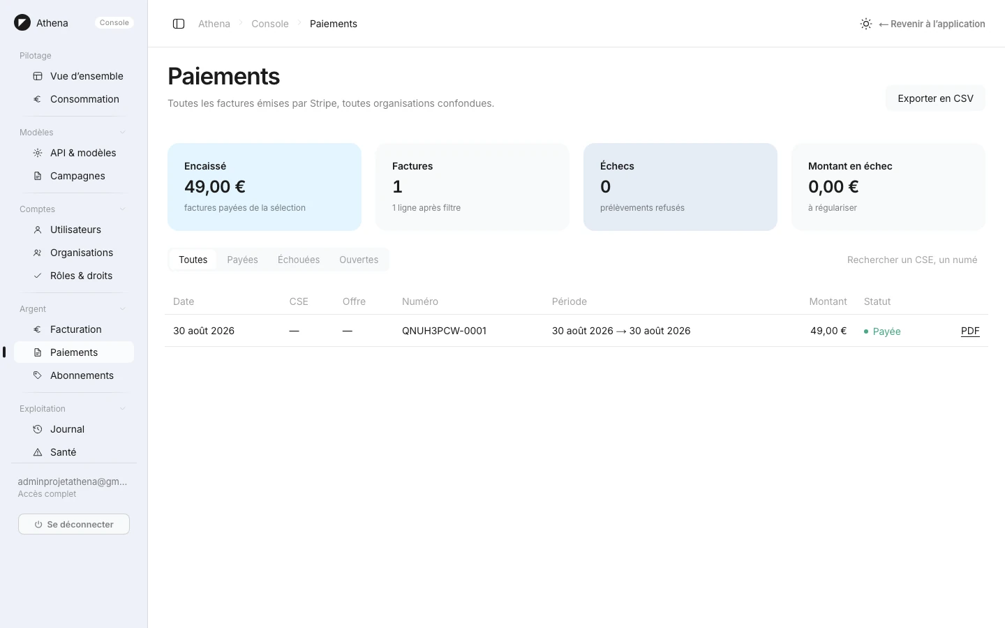 Athena — SaaS d'assistance juridique et comptable CSE — Console paiements