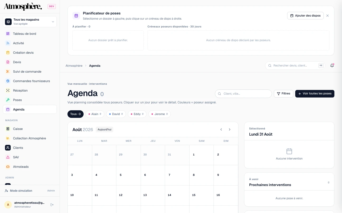 CRM Atmosphère — pilotage tissus, caisse et confections — Agenda