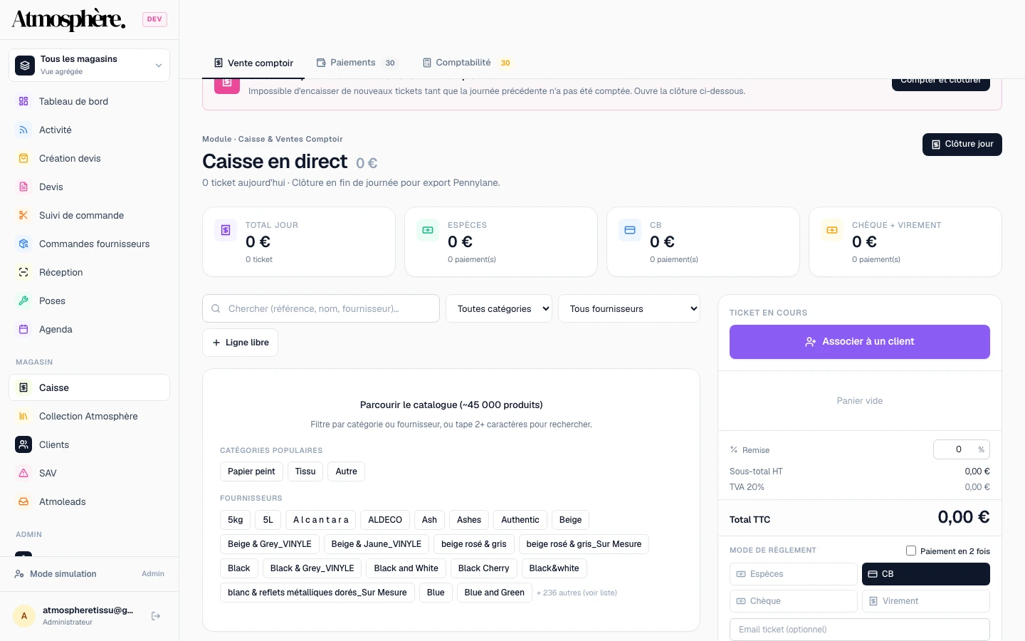 CRM Atmosphère — pilotage tissus, caisse et confections — Caisse