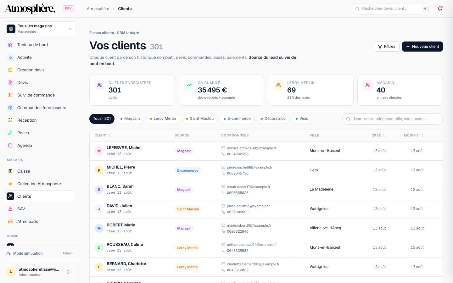 CRM Atmosphère — pilotage tissus, caisse et confections — Clients