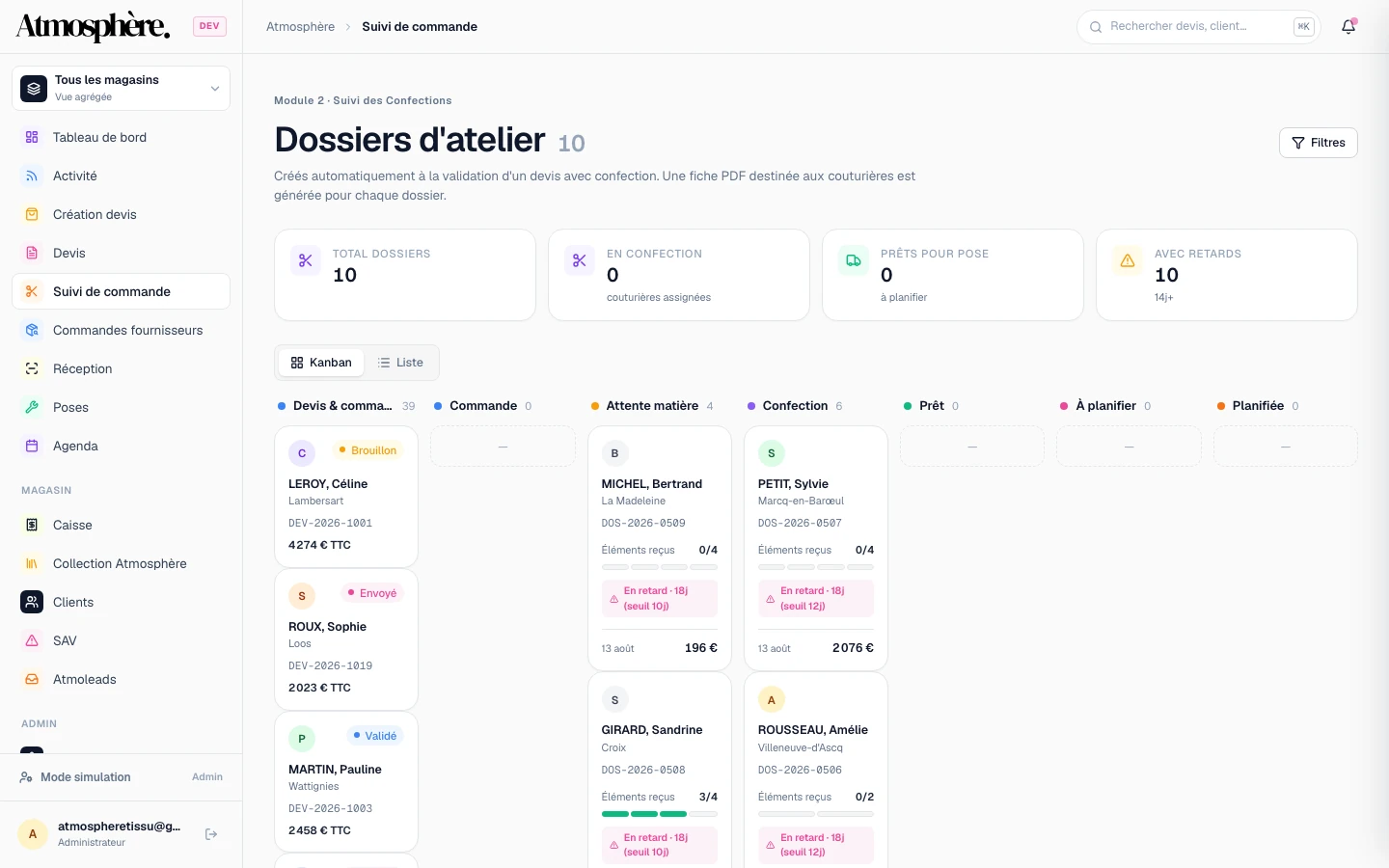 CRM Atmosphère — pilotage tissus, caisse et confections — Confections