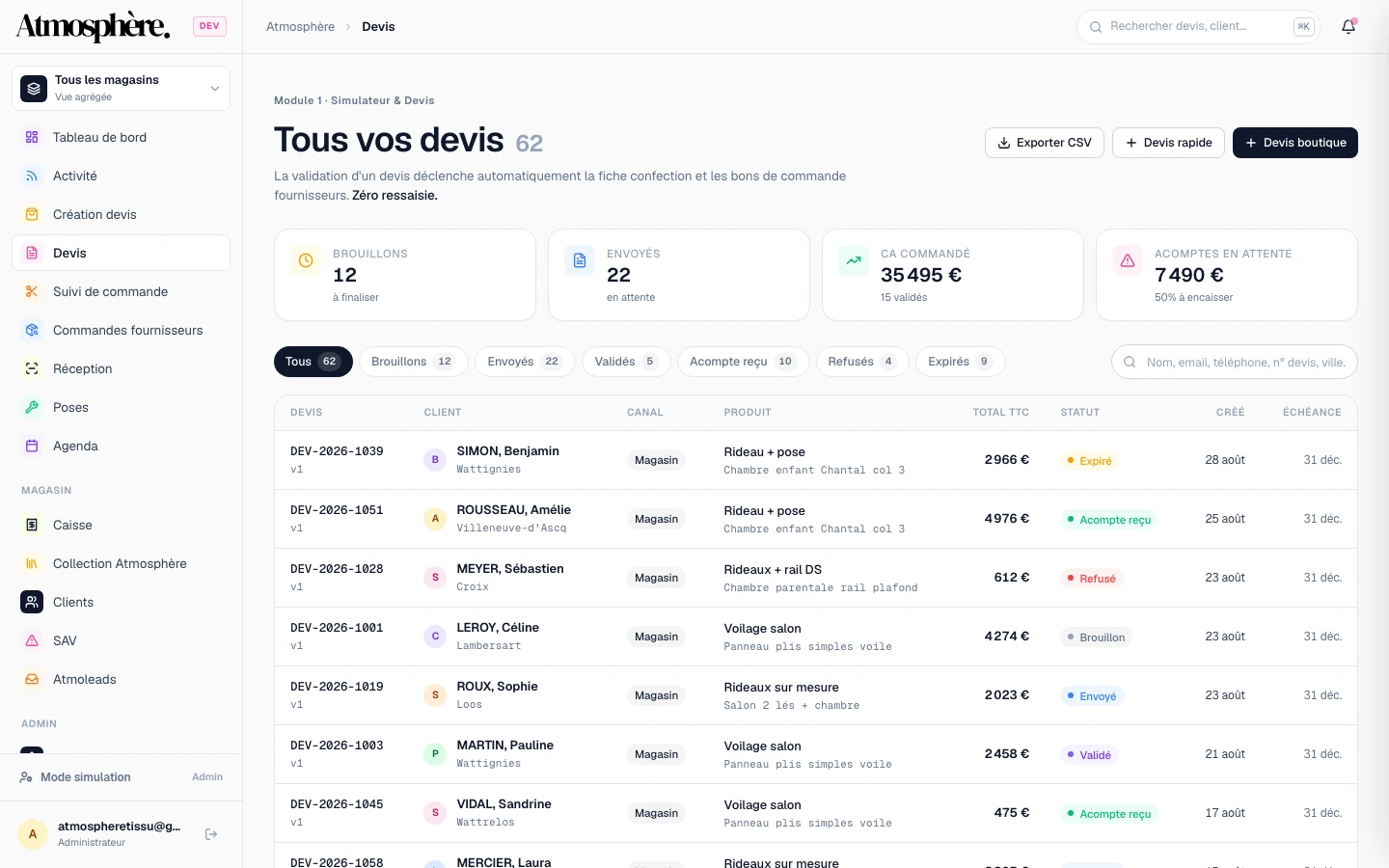 CRM Atmosphère — pilotage tissus, caisse et confections — Devis